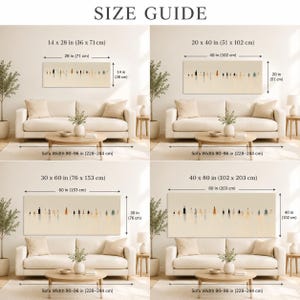 May include: A size guide for rectangular wall art featuring a series of abstract bottle silhouettes. The guide displays four size options: 14x28 inches, 20x40 inches, 30x60 inches, and 40x80 inches, each shown above a sofa to illustrate scale.