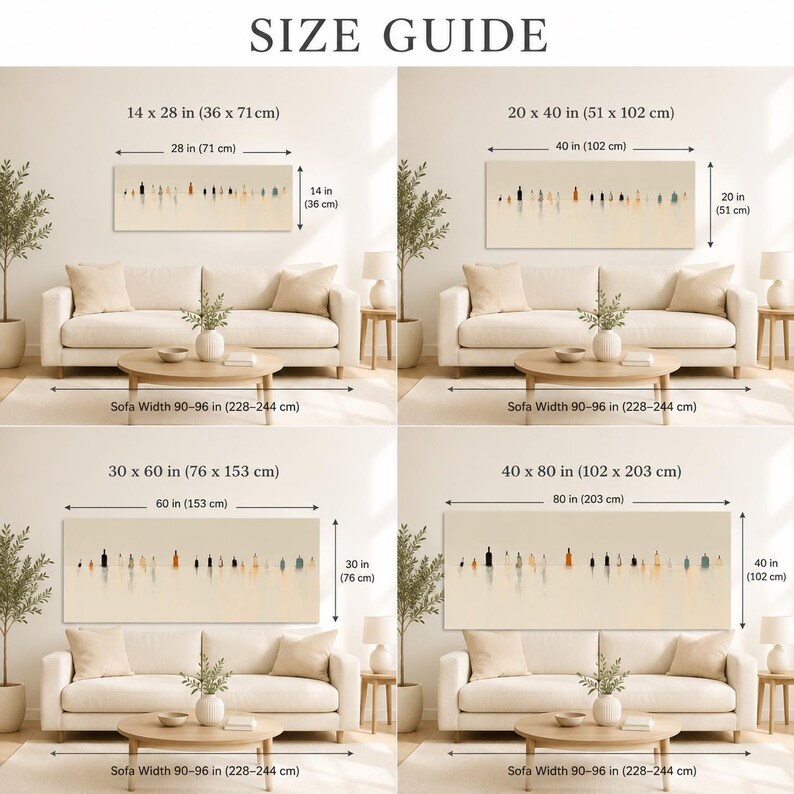 May include: A size guide for rectangular wall art featuring a series of abstract bottle silhouettes. The guide displays four size options: 14x28 inches, 20x40 inches, 30x60 inches, and 40x80 inches, each shown above a sofa to illustrate scale.