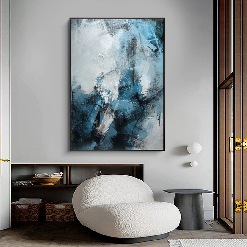 Large Blue Abstract Canvas Art White Wall Painting Blue and Etsy