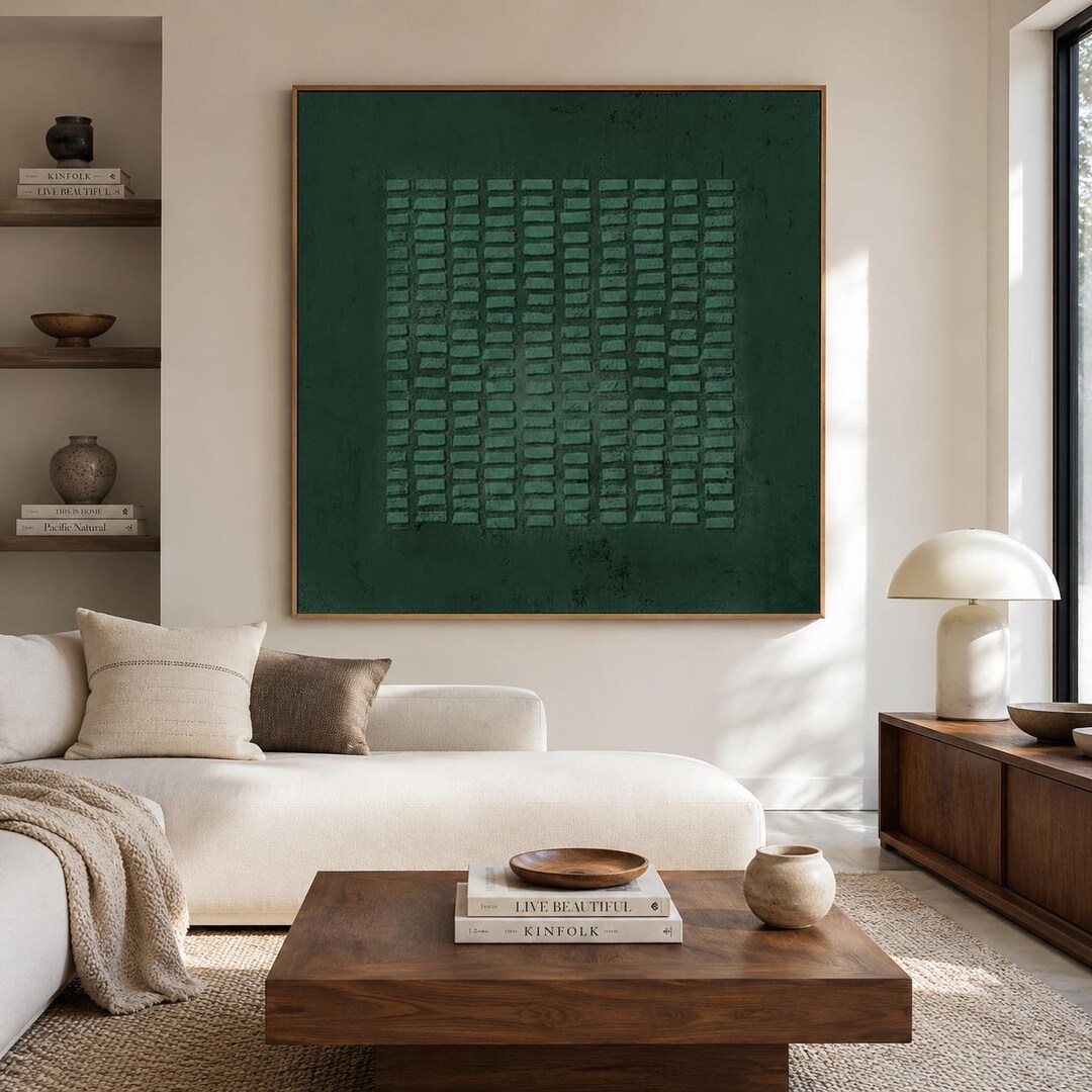 Dark Green Wabi Sabi Wall Art Textured Abstract Canvas Painting for ...