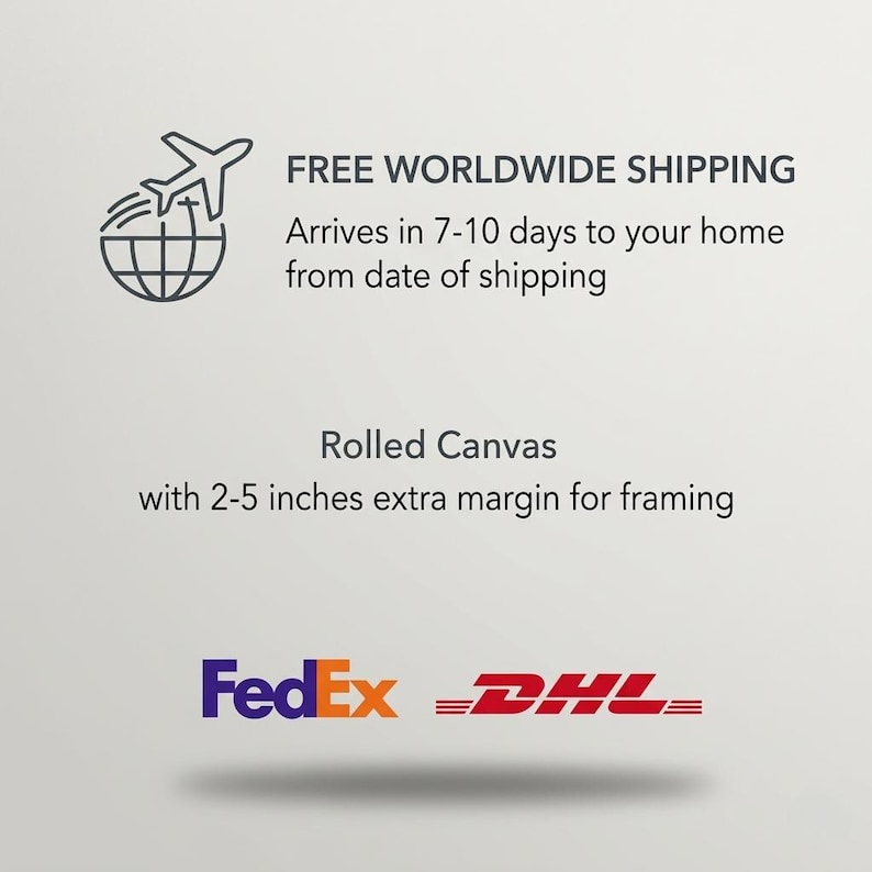Puede incluir: Imagen con texto: "ENV&Iacute;O GRATUITO A TODO EL MUNDO" y "Lienzo enrollado con 5-13 cm de margen extra para enmarcar." Incluye un globo terr&aacute;queo con un avi&oacute;n. Logotipos de FedEx y DHL.