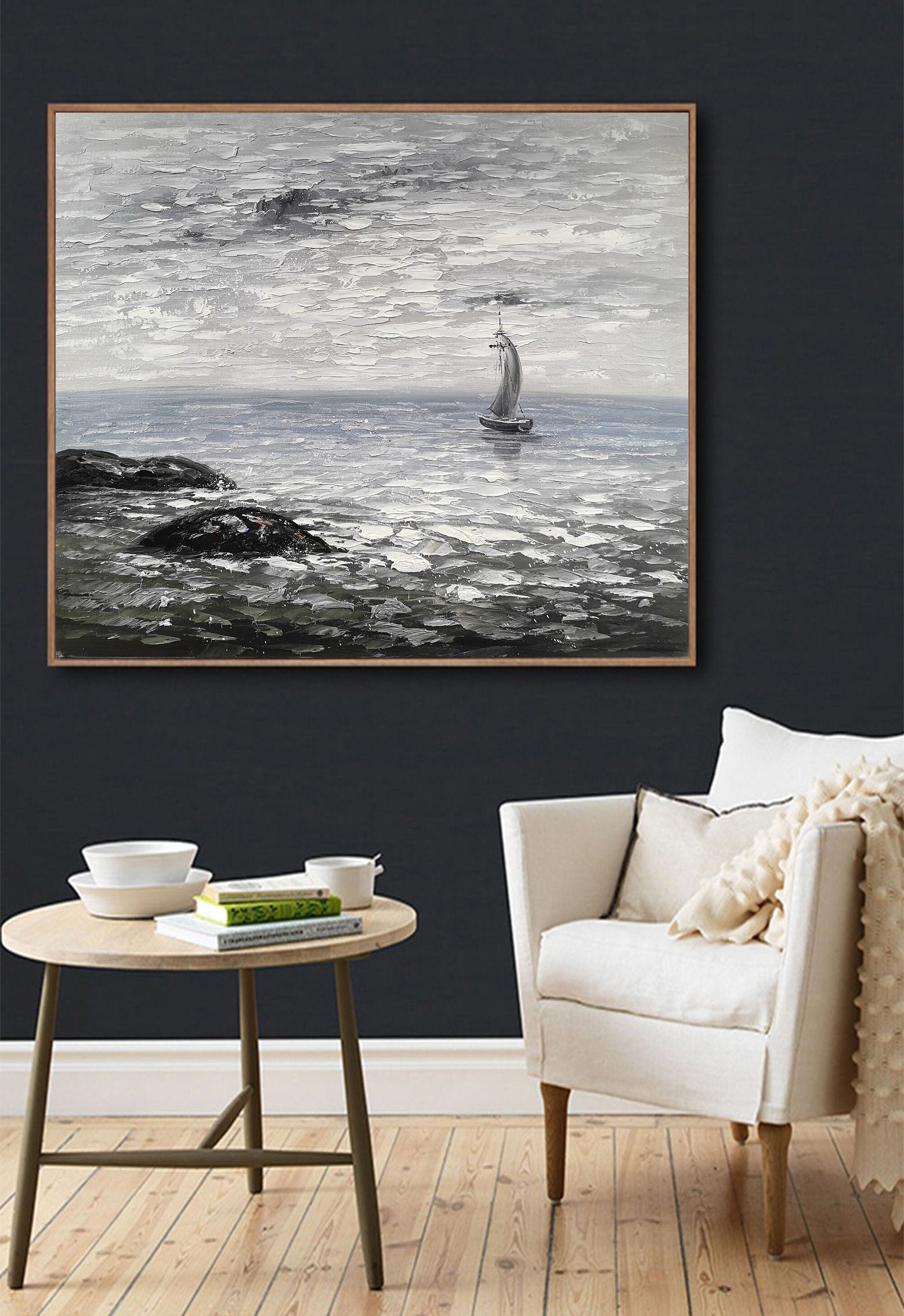 Large black and white ocean painting coastal wall art beach Etsy