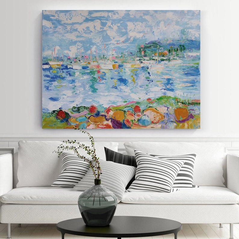 large abstract ocean painting coastal painting sailboat painting blue sea abstract painting seascape painting landscape painting on canvas