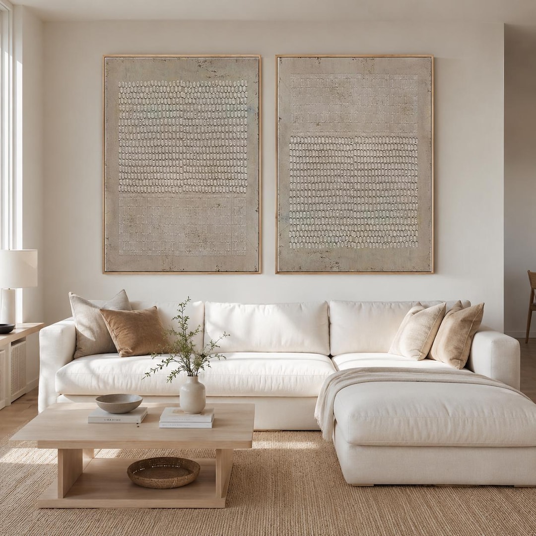 Set of 2 Wabi Sabi Wall Art Brown Textured Canvas Painting Living Room ...