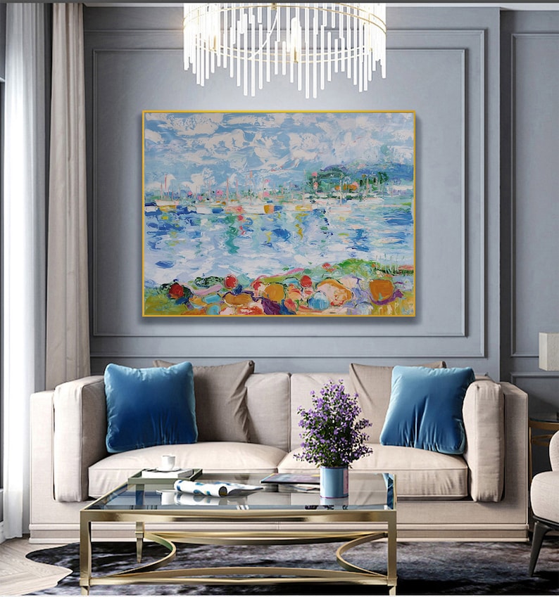 large abstract ocean painting coastal painting sailboat painting blue sea abstract painting seascape painting landscape painting on canvas