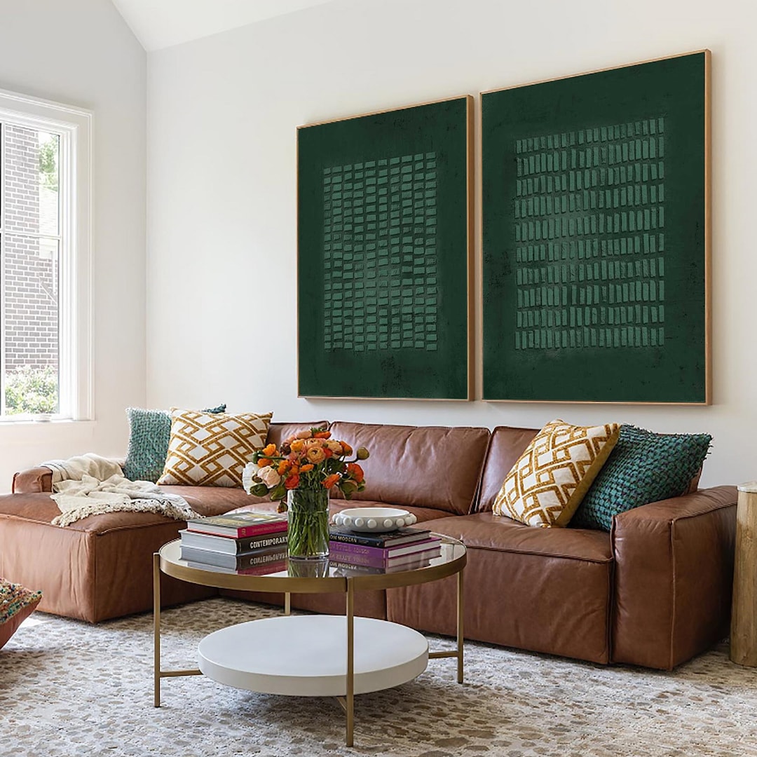 Green Thick Line Wall Art A Pair Green Abstract Art Canvas Set of 2