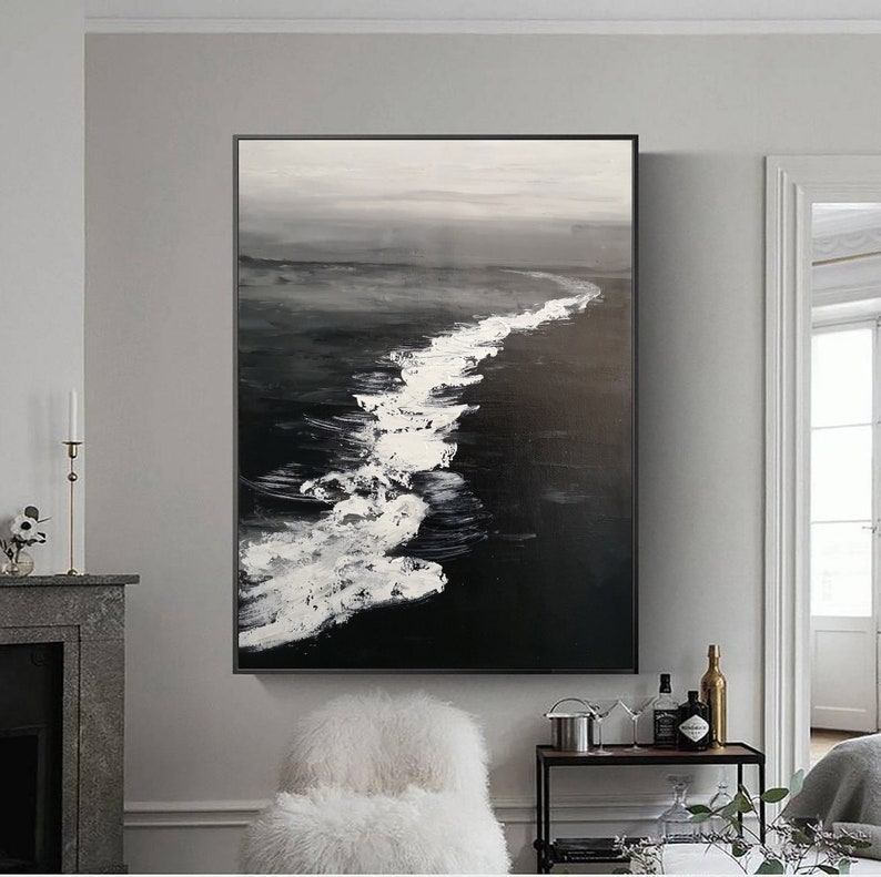 Large Black White Canvas Art Ocean Painting Coastal Wall Art Etsy
