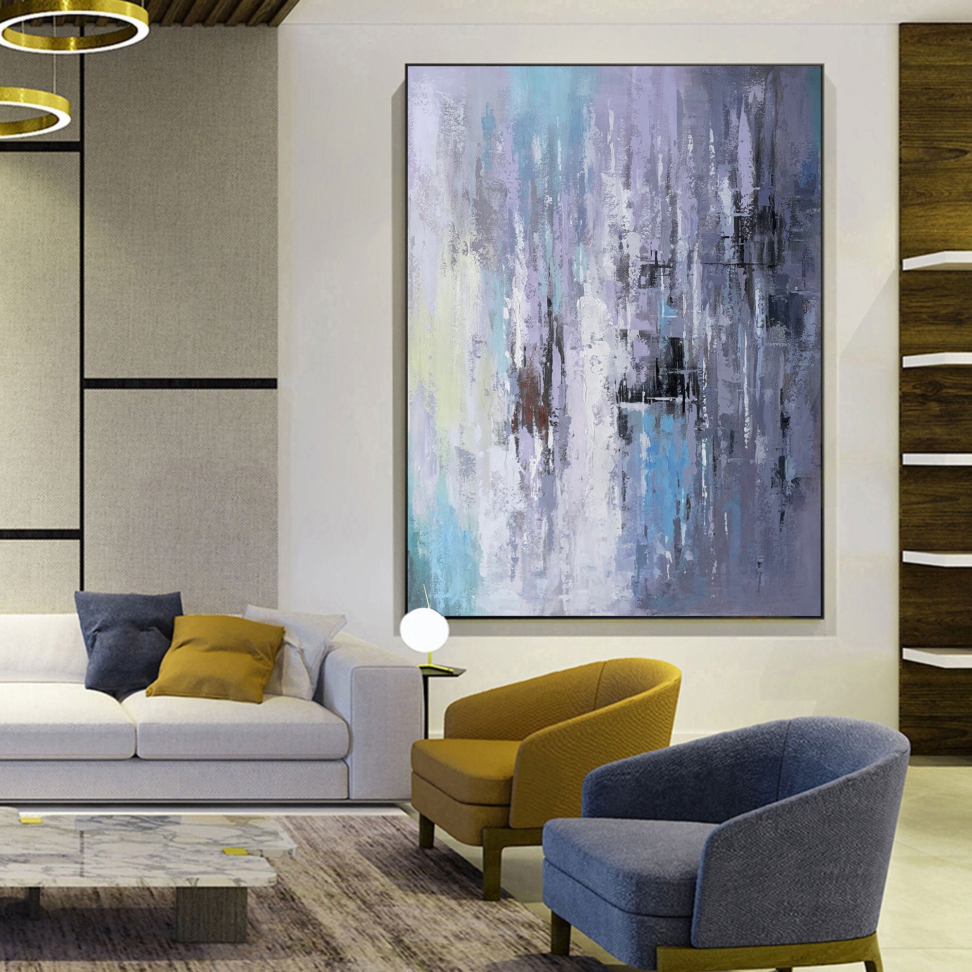 Large Grey Wall Art Decor Colorful Wall Painting Purple Wall Etsy