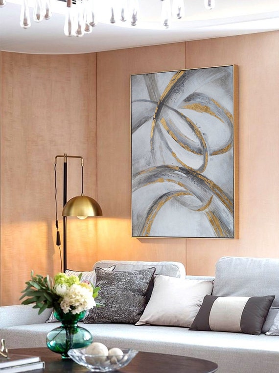 Gold Wall Painting Grey Wall Art Gold Line Wall Painting Grey Etsy