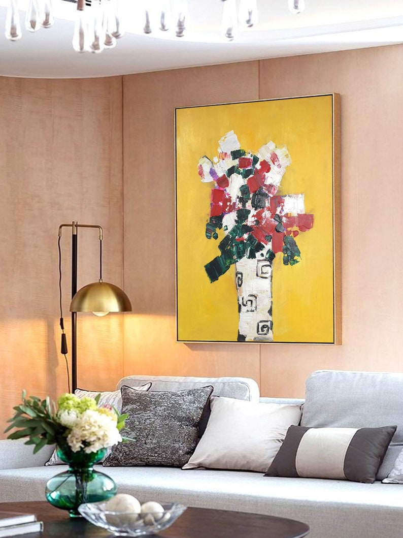 Flower painting on canvas abstract floral oil painting garden painting yellow painting green painting flower abstract art mother/'s day gift