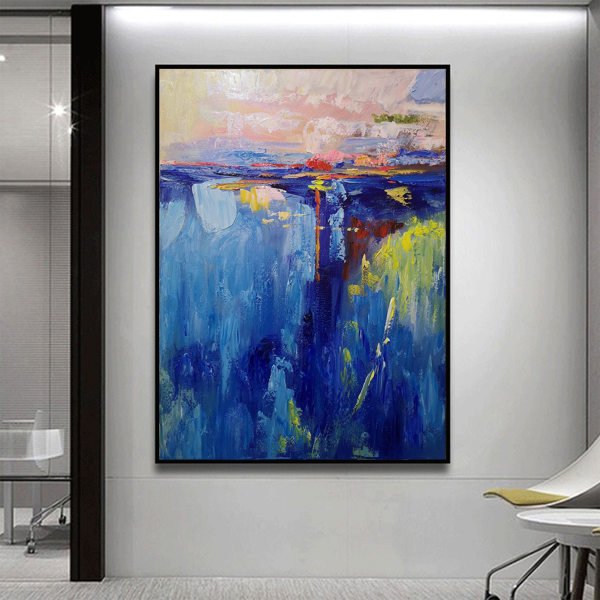 Large Abstract art Canvas oversize wall art 3040Blue white Etsy