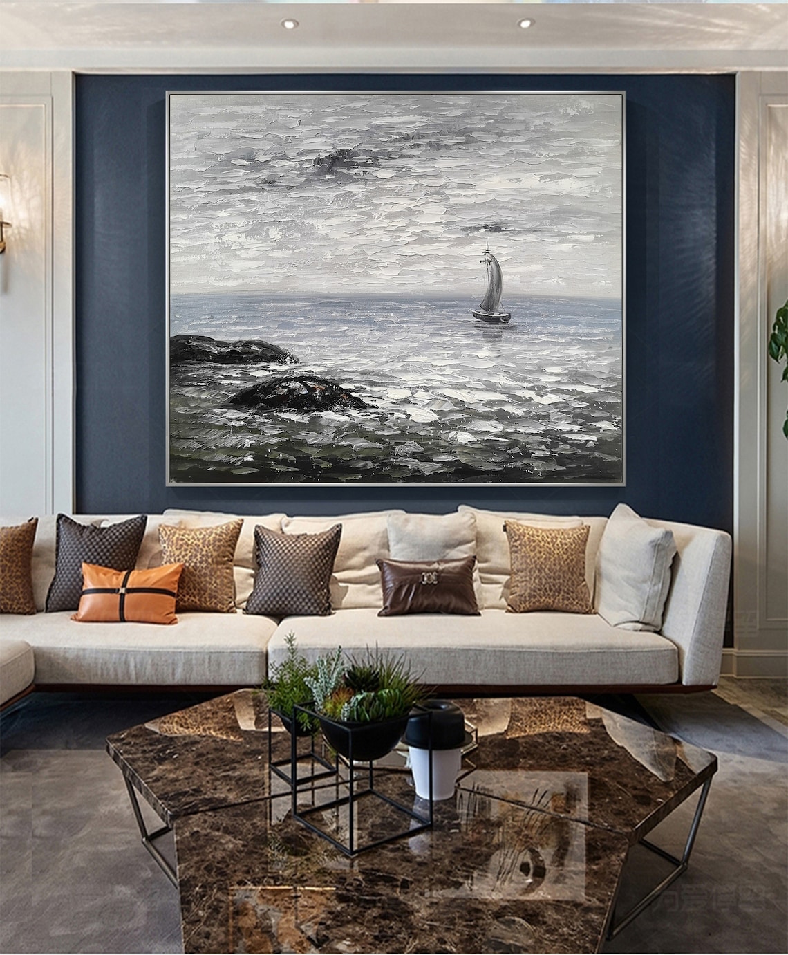Large black and white ocean painting coastal wall art beach Etsy