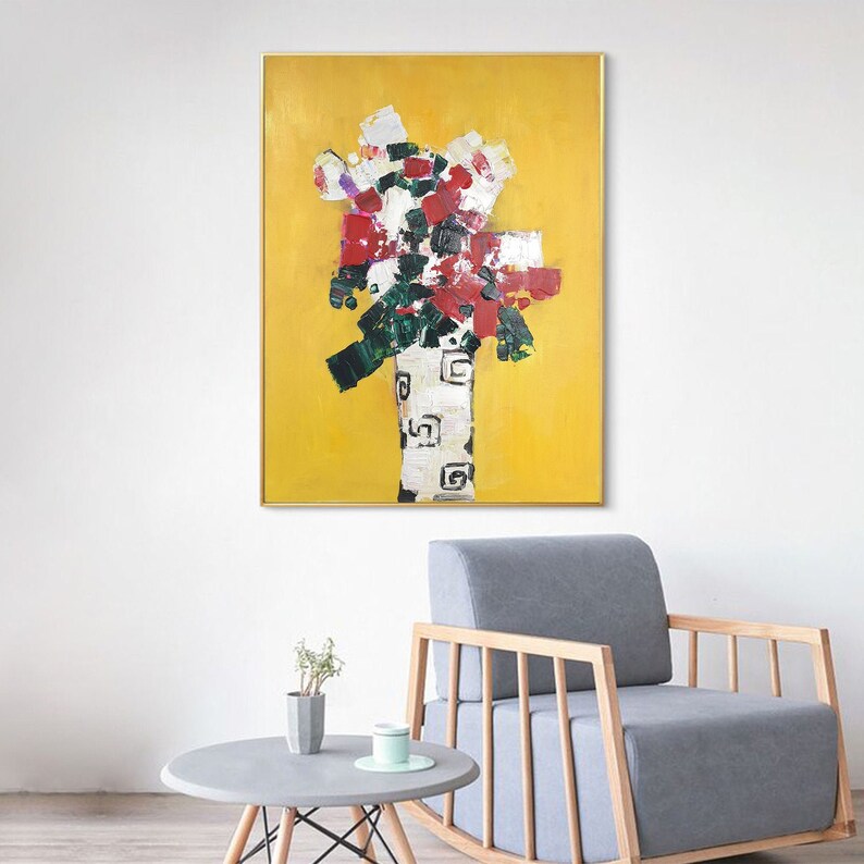 Flower painting on canvas abstract floral oil painting garden painting yellow painting green painting flower abstract art mother/'s day gift