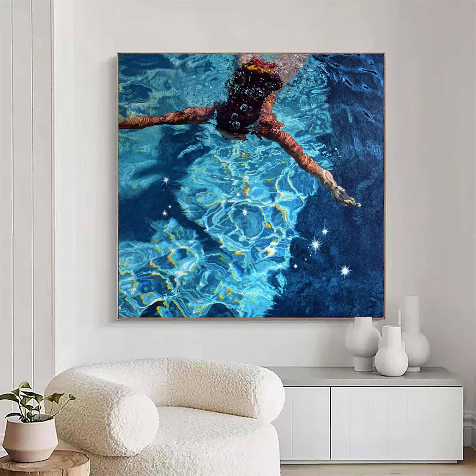 Diving oil painting diving wall art swimming girl painting blue sport art diving in ocean sport Woman Swimming Handmade Canvas wall art