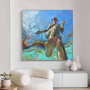 Diving oil painting diving wall art swimming girl painting blue abstract art diving in ocean Woman Swimming green sea Canvas wall art