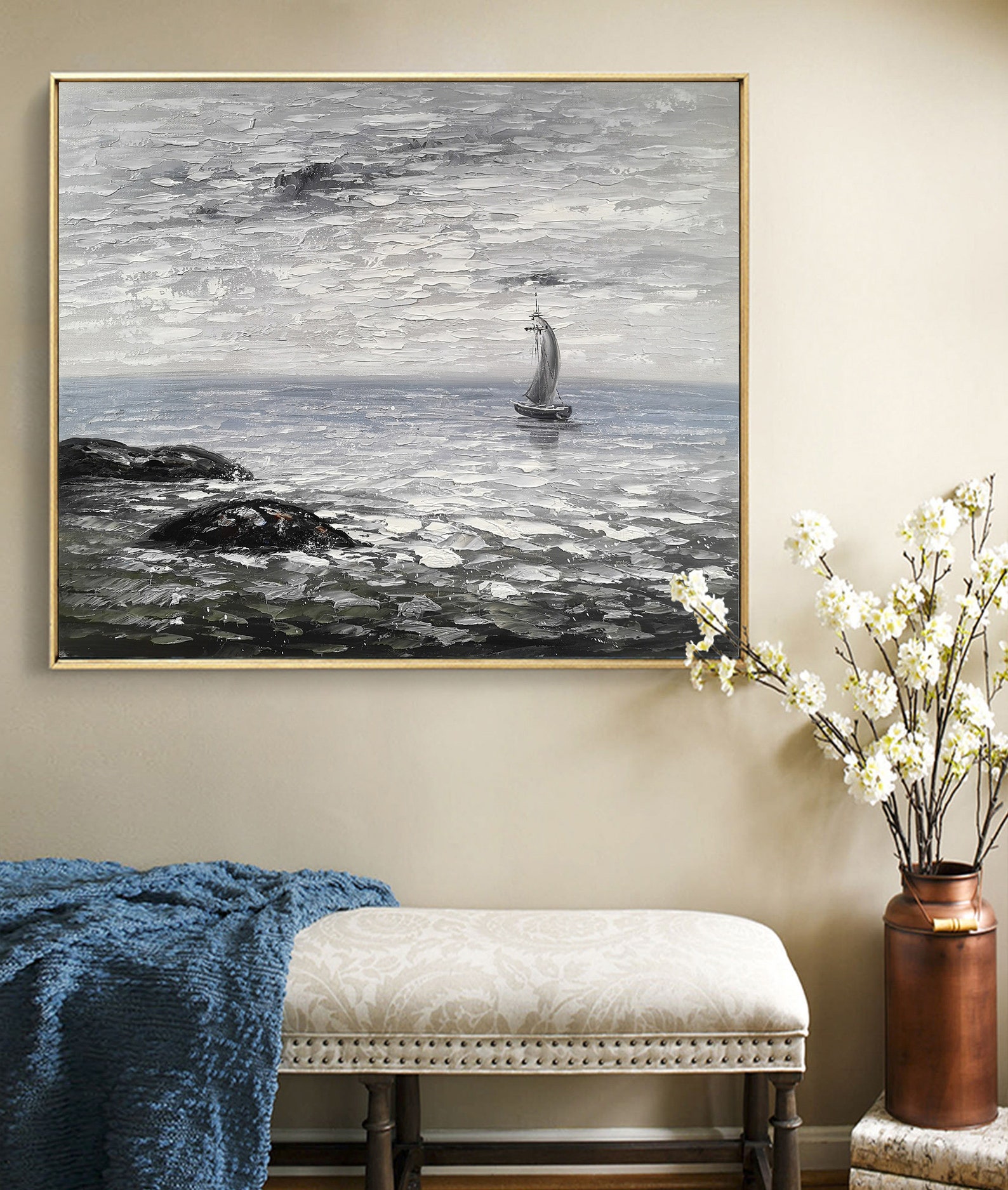 Large black and white ocean painting coastal wall art beach Etsy