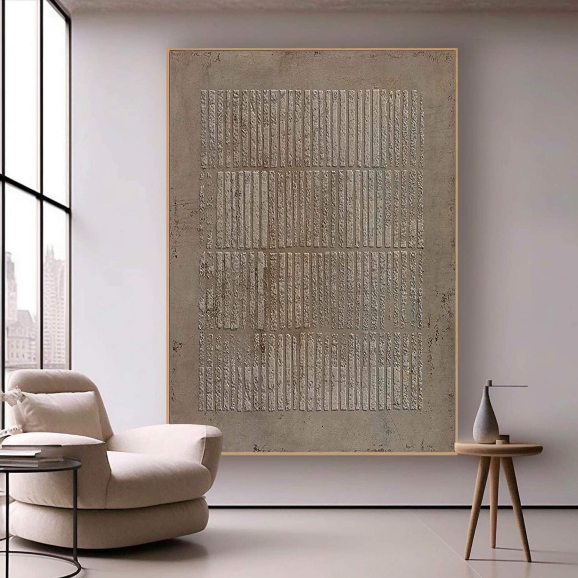 Deep Brown Wabi-Sabi Wall Art： Geometric Line Pattern Design