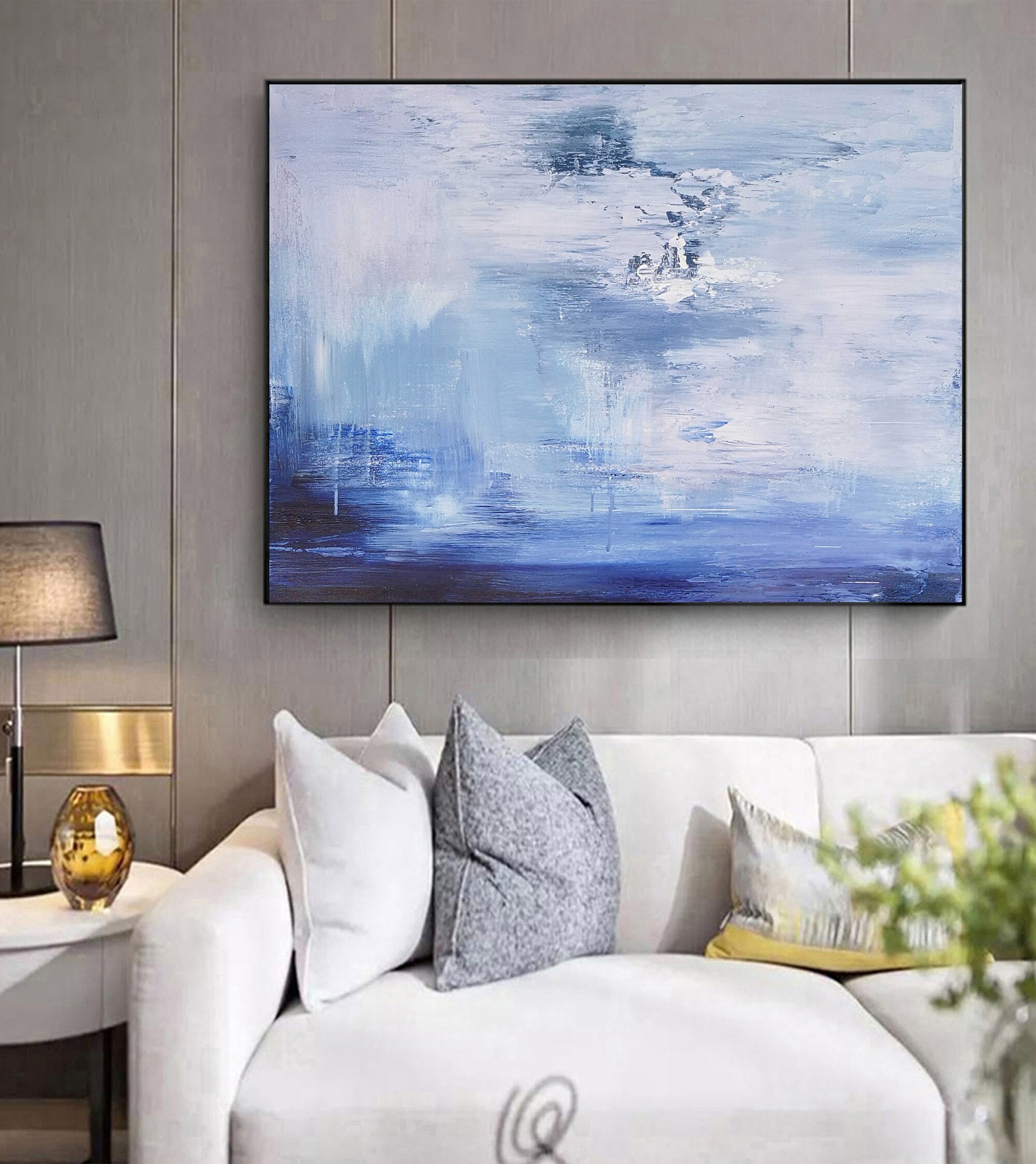 Large wall art big blue and white abstract painting on canvas | Etsy