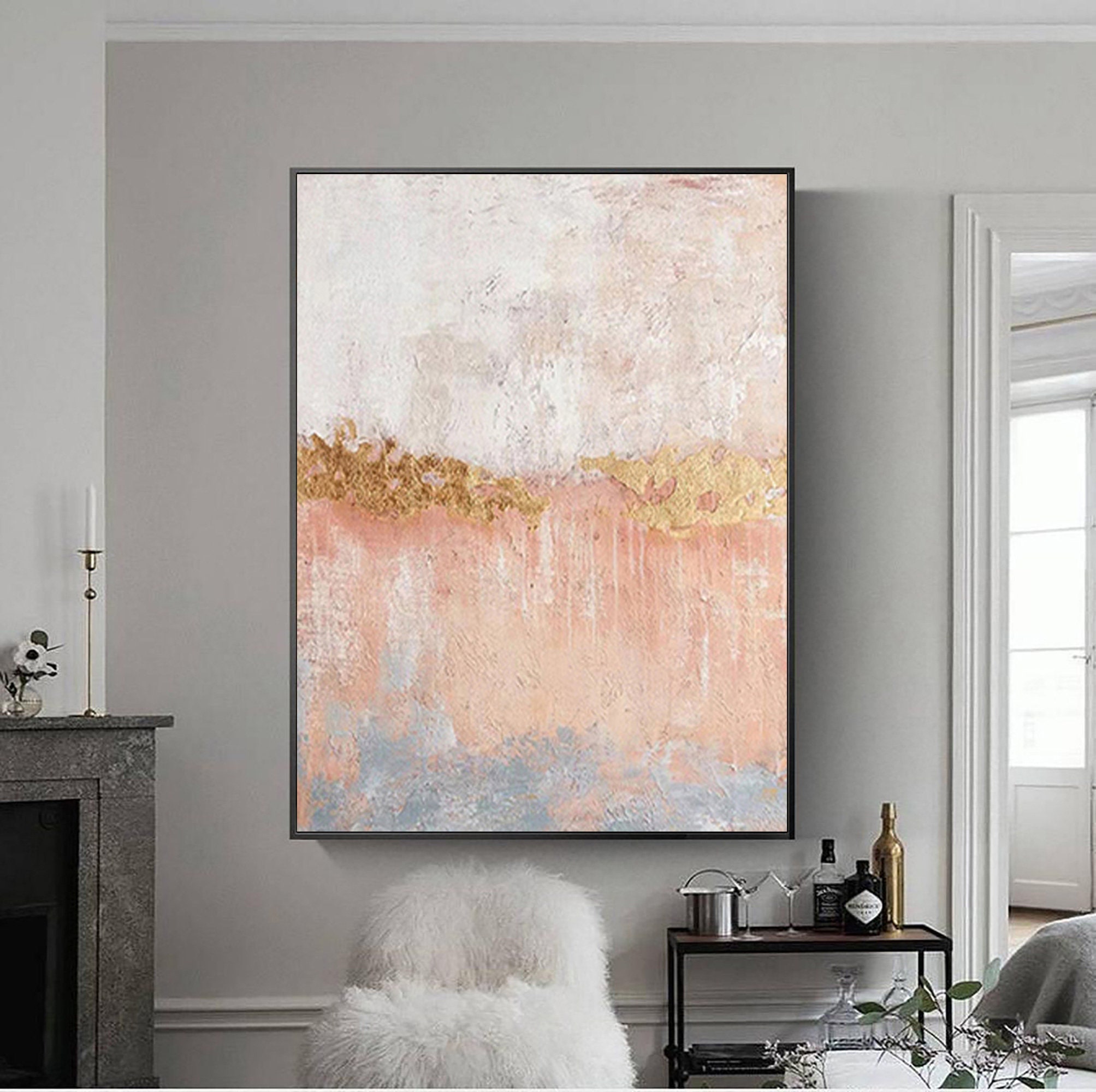 Large Pink and Gold Wall Art Blush and Gold Wall Painting Etsy