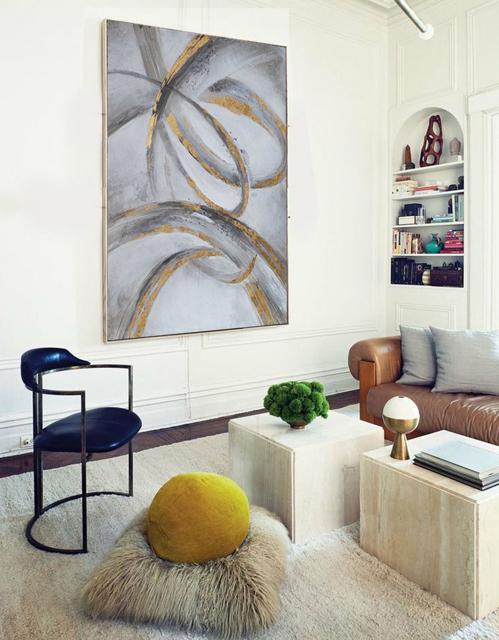 Gold Wall Painting Grey Wall Art Gold Line Wall Painting Grey Etsy