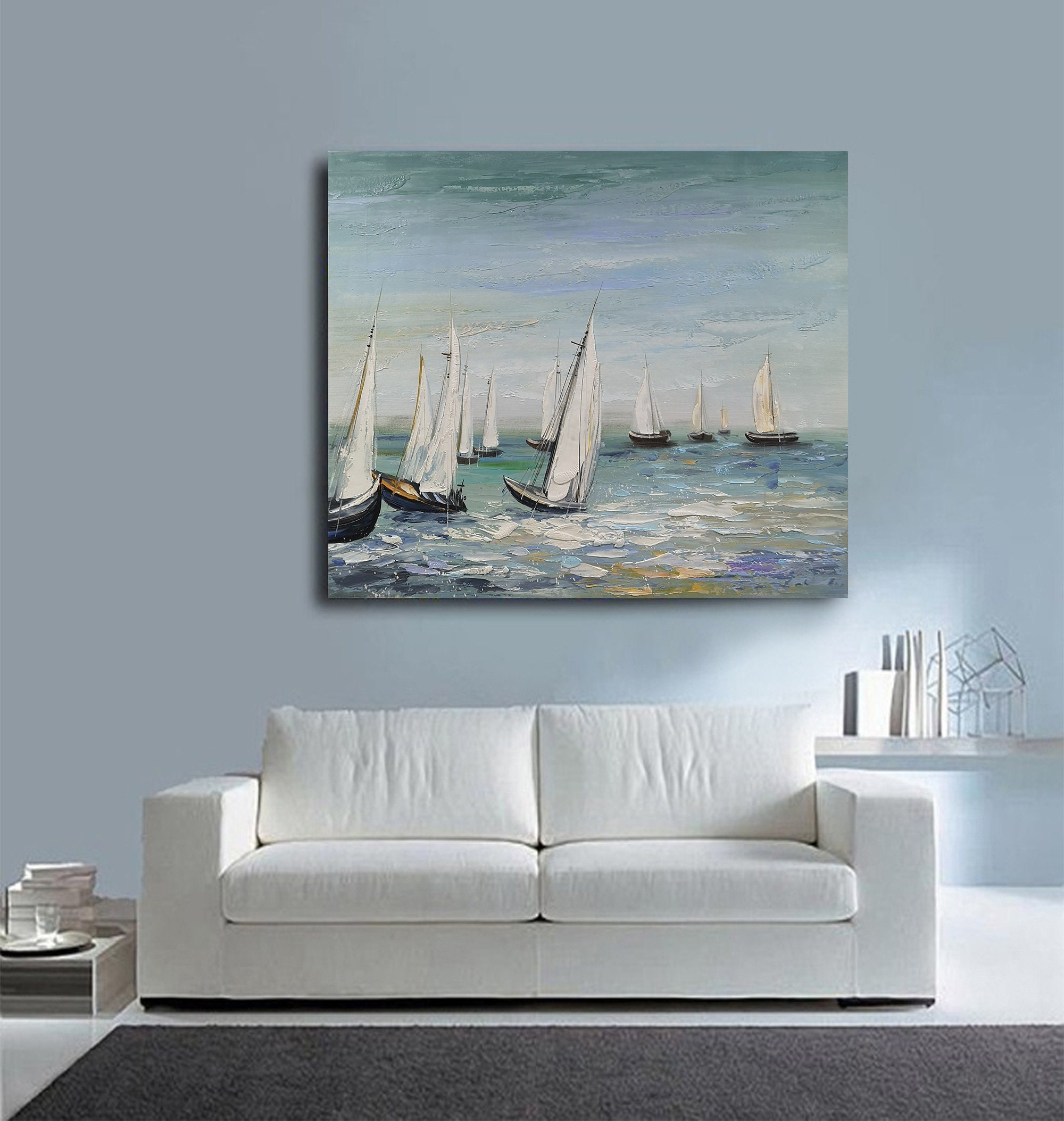 Blue Seascape Painting Large Ocean Painting Sailboat Painting | Etsy