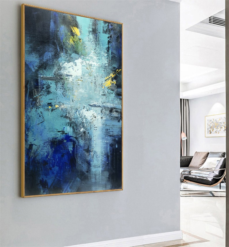 Large Blue Abstract Painting Teal Wall Art Big Grey Wall Etsy