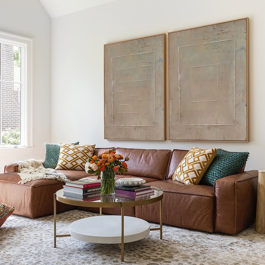 Set of 2 Brown Wall Painting A Pair Brown Abstract Art Canvas Geometry