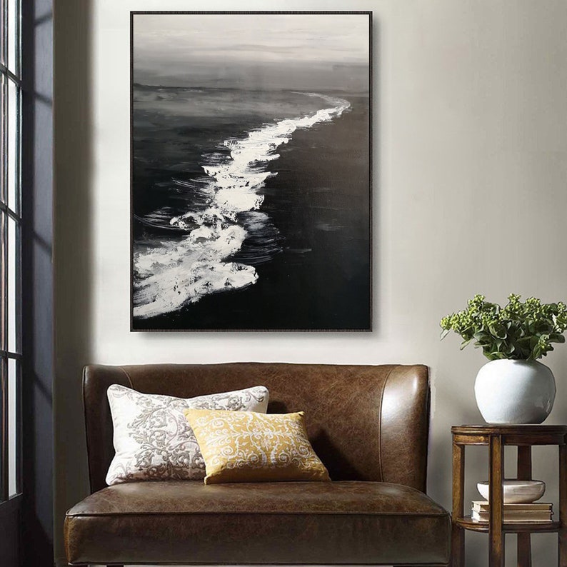 Large Black White Canvas Art Ocean Painting Coastal Wall Art Etsy