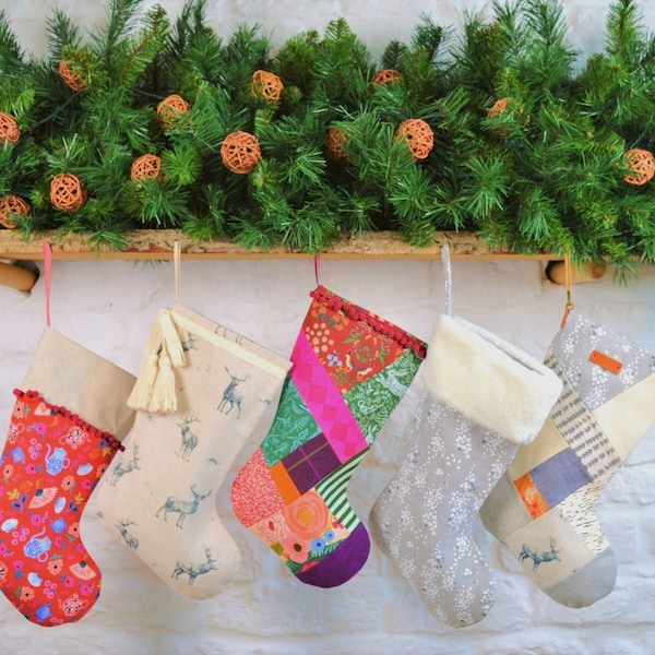 Christmas Stocking PATTERN, 3 styles, VIDEO Tutorial, Beginner Stocking Pattern,  Patchwork Stocking, PDF, Christmas Sewing