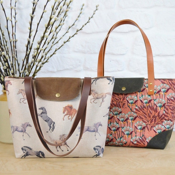 Ascot Zipper Tote Bag SEWING PATTERN, Two Sizes, Ladies Bag pattern, Shopping bag photo Tutorial, Fabric or Leather Handles (PDF Pattern)