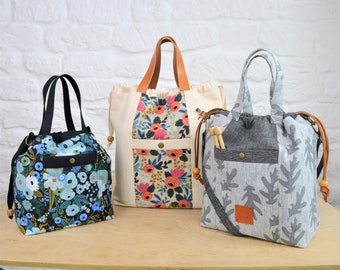 Maxine Tote Pattern, 3 Sizes, Drawstring Bag, Knitting Bag Sewing Pattern, Photo Tutorial, Digital File, PDF