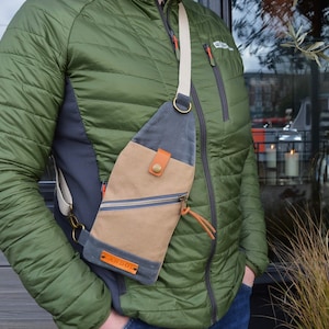 A sewing pattern for a little pouch to be worn across the body, unisex for male or female, keeps all your travel documents safe, has a phone pocket, zipper pocket, and back pocket for passport, can be worn under jacket, to make yourself
