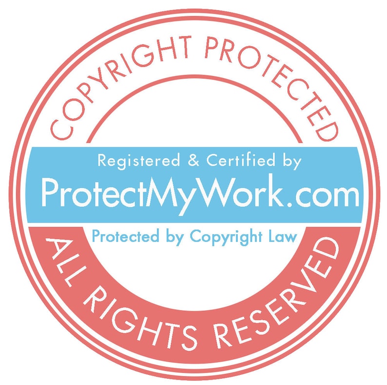 May include: A pink and white circle with the text "COPYRIGHT PROTECTED" in a white circle with a pink outline. The text "Registered & Certified by ProtectMyWork.com" is in a blue rectangle. The text "Protected by Copyright Law" is in a white circle with a pink outline. The text "ALL RIGHTS RESERVED" is in a pink circle with a white outline.