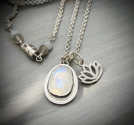 Rainbow Moonstone and Lotus charm necklace