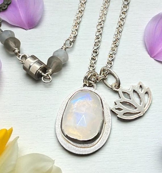 Rainbow Moonstone and Lotus charm necklace