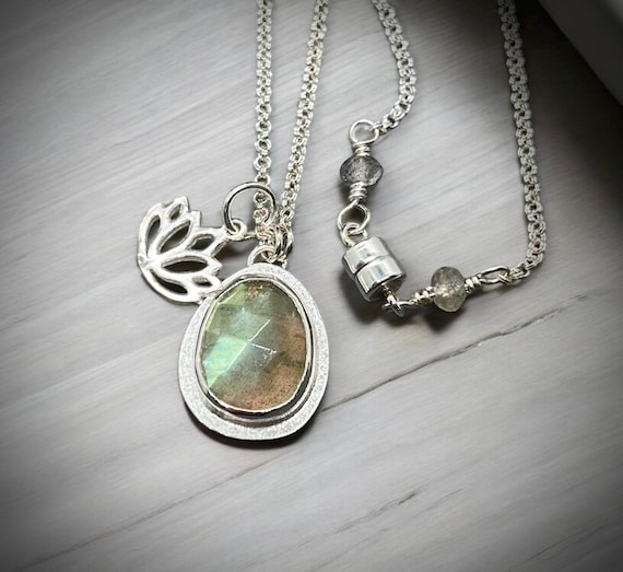 Labradorite and Lotus charm necklace