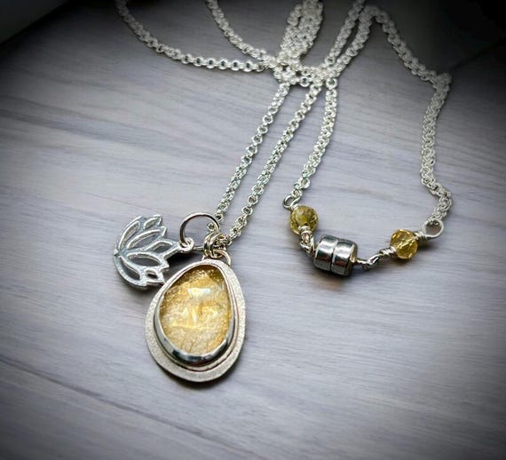Sterling Citrine and Lotus charm necklace