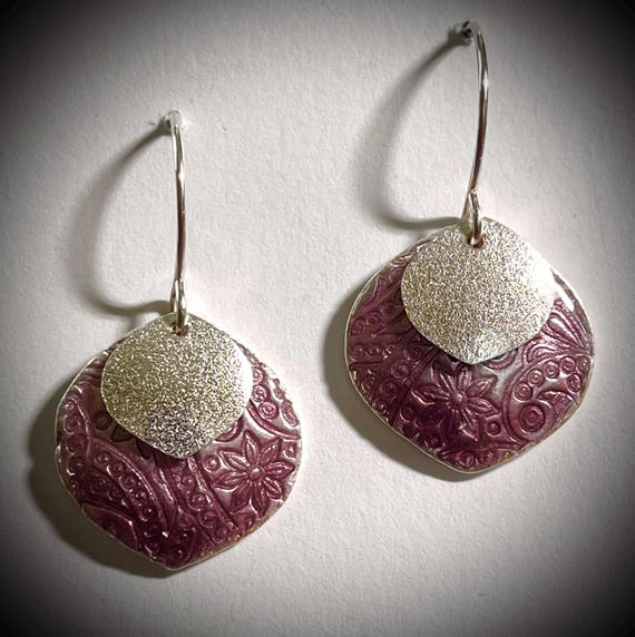 Textured fine silver and enamel “Petal” earrings