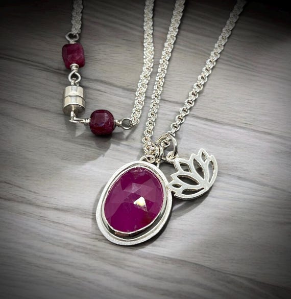 Sterling silver Ruby and Lotus charm necklace