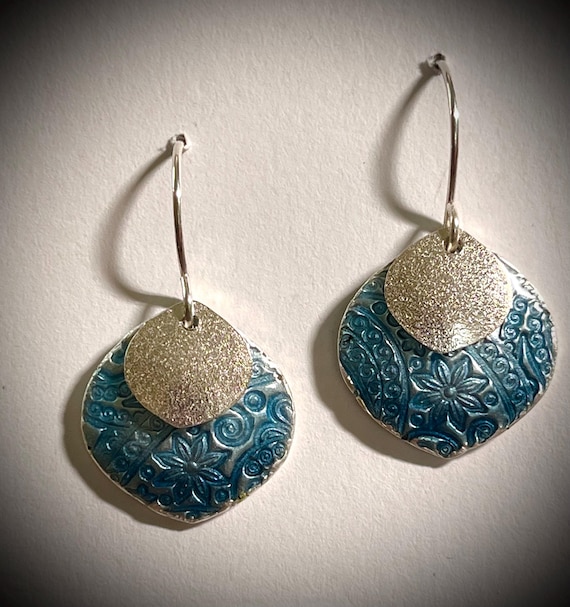 Textured fine silver and enamel “Petal” earrings