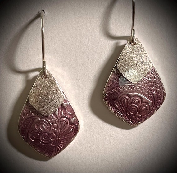 Textured fine silver and enamel earrings