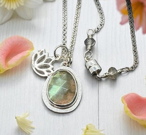 Labradorite and Lotus charm necklace