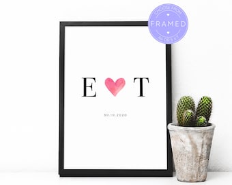 Custom Heart Print, With Personalised Initials and Date, With A4 or 5x7 Frame