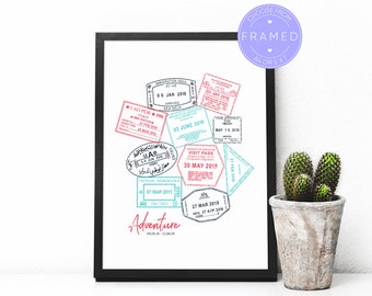 Custom Passport Stamp Print, Perfect Gift For A Returning Traveller, Framed A4 or 5x7