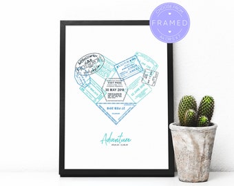 Custom Passport Stamp Print, Perfect Gift For A Returning Traveller, Framed A4 or 5x7