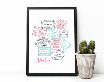 Custom Passport Stamp Print, Travel Adventure Wall Art (Digital Download)