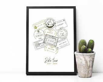 Custom Bike Tour Passport Stamp Print, Travel Gift