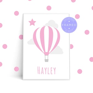 Custom Name Child/Baby Print, With Pink Hot Air Balloon, Framed A4 or 5x7 image 1