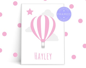 Custom Name Child/Baby Print, With Pink Hot Air Balloon, Framed A4 or 5x7