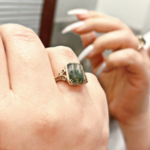 Unique Moss Agate Ring, Emerald Cut Rare Moss Agate Engagement Ring, Moss Agate Ring, order Rose Gold Ring ,Wedding Ring Proposal Ring For Her